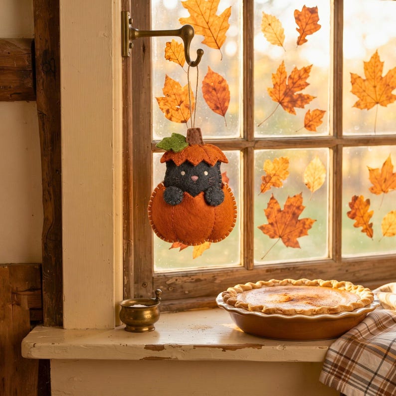 Felt cat in pumpkin ornament hanging in a farmhouse kitchen window beside a pumpkin pie