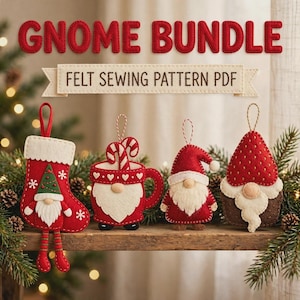 gnome pattern bundle, christmas gnome pdf, strawberry tomte, gnome mug pattern, felt stocking diy, tomte sewing pattern, tree ornament diy, felt christmas diy, 4 ornament set pdf, beginner sewing, scandi christmas, gnome lover gift, holiday decor set