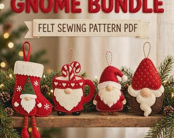 Paquete de patrones PDF de gnomos, 4 diseños de costura de fieltro de adornos navideños