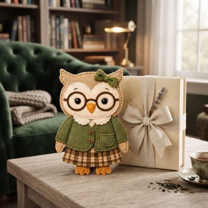 Close view of a handmade felt librarian owl showing the glasses, eyelashes, golden beak, cream facial disc, green bow, and Peter Pan collar.