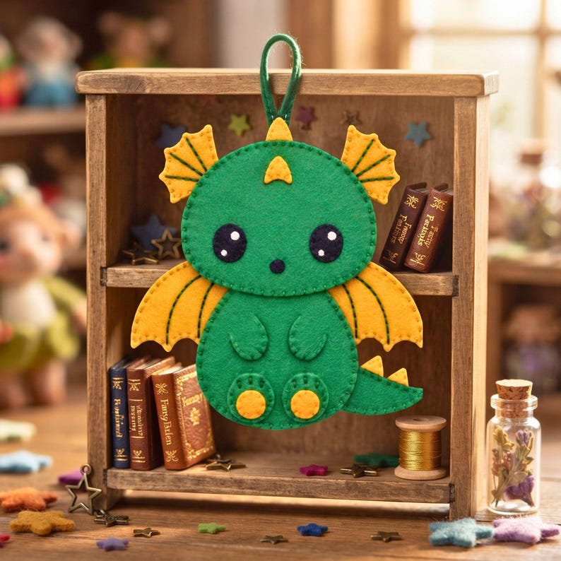 Handmade green felt dragon ornament showing its golden-yellow wings, rounded feet, decorative head crest, curved tail with tail crests and embroidered facial details.