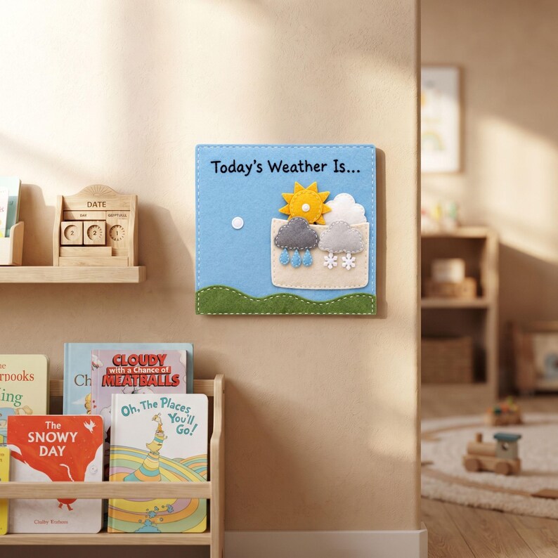 Felt Today's Weather busy book page displayed on playroom wall as daily routine chart