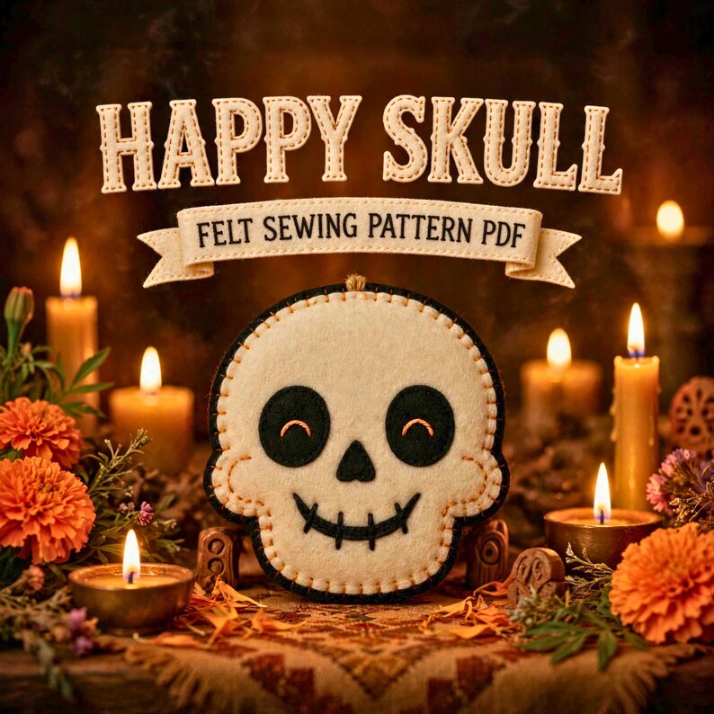 Skull Felt Sewing Pattern PDF, Halloween Skull Ornament, Cute Spooky Decor, Hand Sewing Pattern