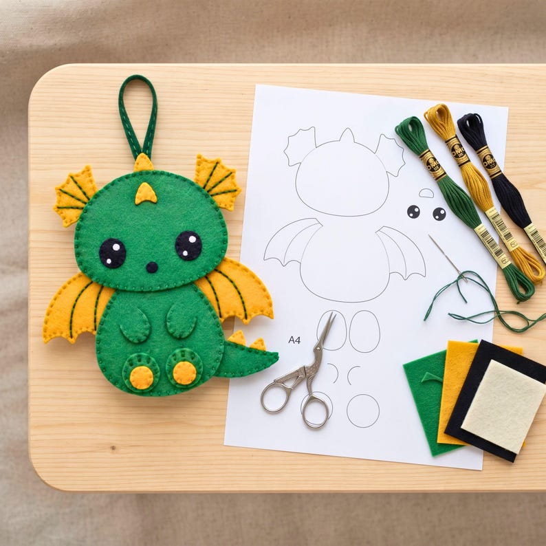 Kawaii dragon felt sewing pattern PDF showing materials, stitch instructions, pattern piece measurements and step-by-step assembly instructions.