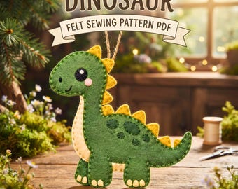 Patrón PDF de adorno de dinosaurio de fieltro, patrón de costura de dinosaurio Kawaii, adorno de dinosaurio de fieltro, costura a mano DIY