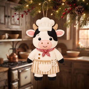 Cute stuffed felt cow dressed as a baker, shown full length with a cream chef jacket, striped apron and pocket, curved tan horns, pink ears and muzzle, and black cow patches.