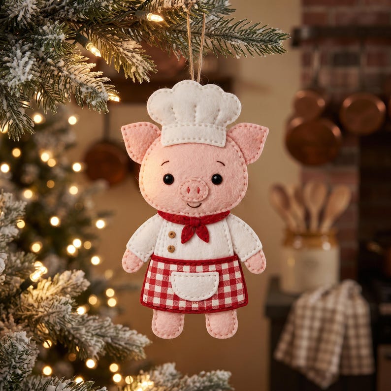 Finished Baker Pig felt ornament with a pink felt pig, white chef hat and jacket, red checkered cobbler apron, pocket, red neckerchief, and brown buttons.