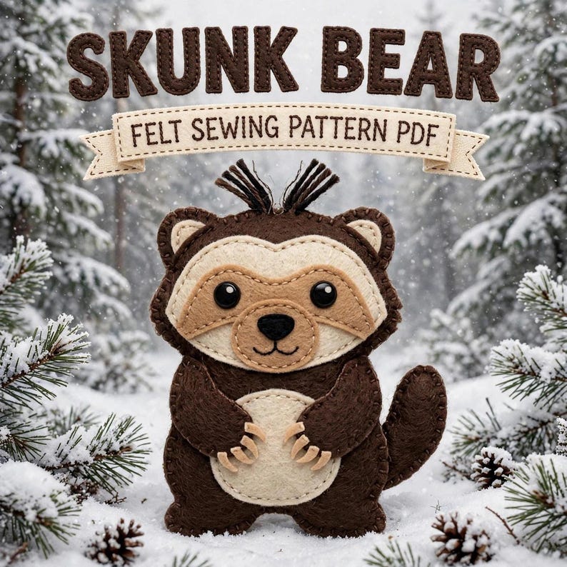 A brown and cream felt skunk bear ornament stands in a snowy forest, with the text SKUNK BEAR FELT SEWING PATTERN PDF above it.