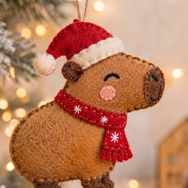 Close-up of the hand-stitched wool felt capybara ornament highlighting detailed embroidery and texture.