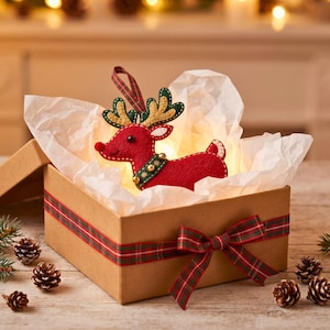 Close-up of a red felt reindeer ornament showing the pom-pom nose, black eye, embroidered smile, layered antlers and green harness with gold star details.