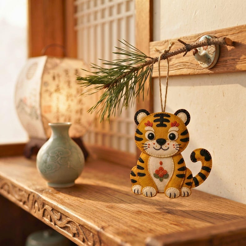 minhwa tiger, tiger sewing pattern, felt tiger pattern, korean tiger pdf, tiger ornament diy, felt tiger ornament, lunar new year diy, folk art tiger, tiger lover gift, korean folk decor, cute tiger plush, diy felt tiger, hojakdo tiger gift