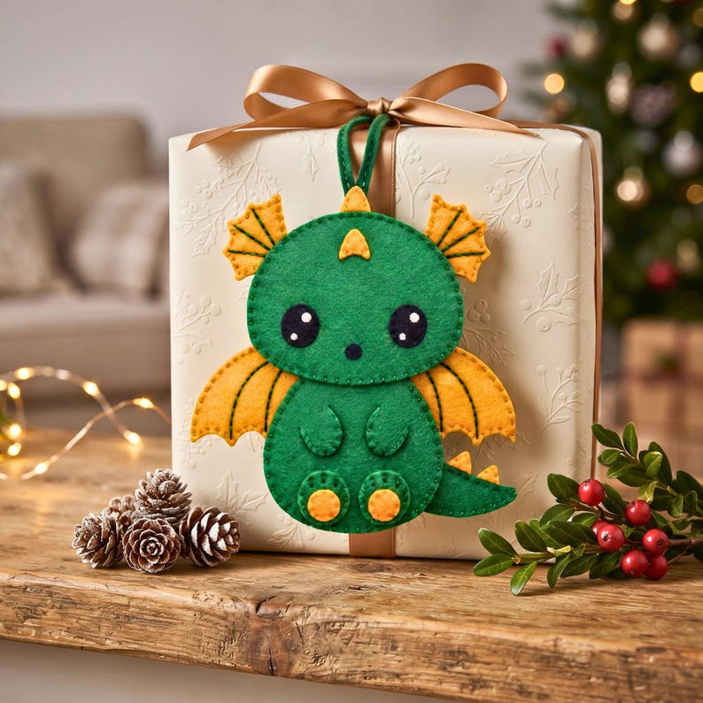 Finished green and golden-yellow felt dragon hanging from a loop as a decorative ornament, showing the dragon’s wings, tail, feet and embroidered details.