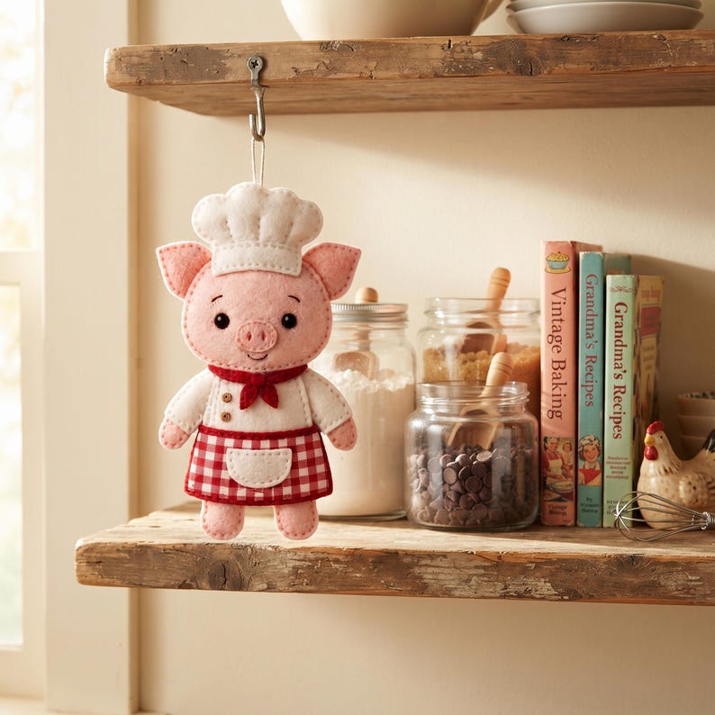 Close-up of a pink felt Baker Pig showing the chef hat, embroidered eyebrows and smile, rose-colored nose, safety eyes, red neckerchief, and checkered apron.