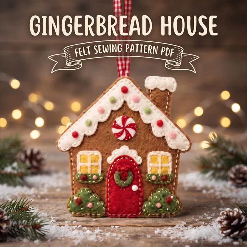 Gingerbread House Felt Ornament Pattern PDF, Christmas House Sewing Pattern, Felt Christmas Ornament, DIY Hand Sewing