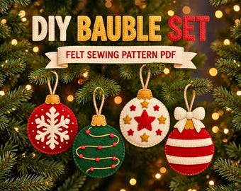 Patrón PDF DIY de bola de Navidad de fieltro, juego de 4 diseños de adornos a mano