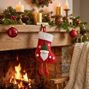 Christmas gnome stocking felt sewing pattern PDF showing template pieces, measurements, materials and step-by-step assembly instructions.