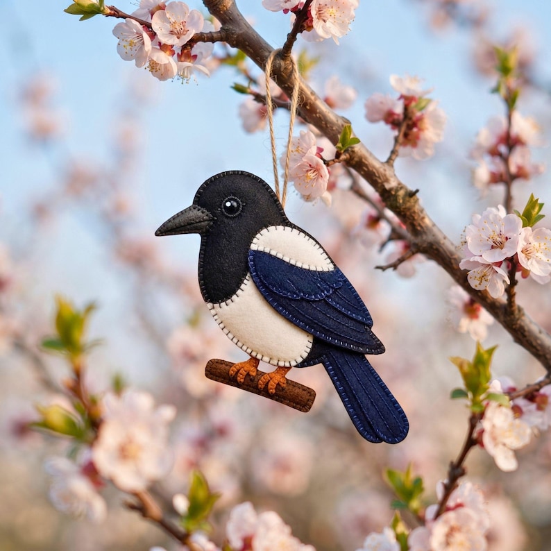 Black and white felt magpie ornament with navy wing hanging on a blossom branch in a spring garden