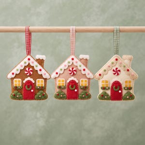 Handmade felt gingerbread house ornament packaged in gift box with gingham ribbon for Christmas gifting