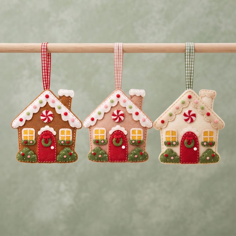 Handmade felt gingerbread house ornament packaged in gift box with gingham ribbon for Christmas gifting