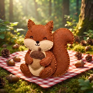 Felt squirrel with acorn ornament on a cabin windowsill with hot cocoa and knit blanket