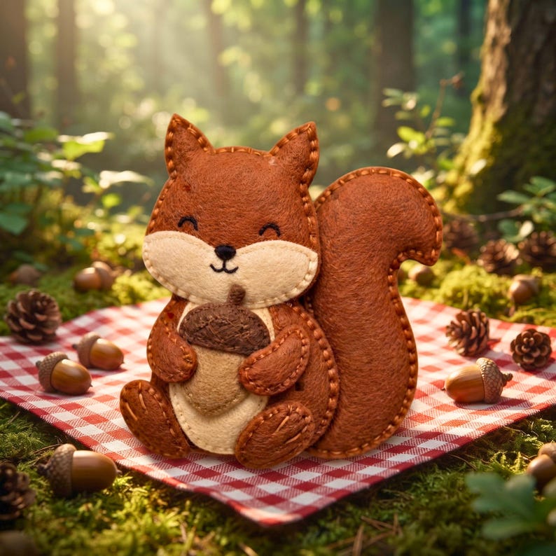 Felt squirrel with acorn ornament on a cabin windowsill with hot cocoa and knit blanket