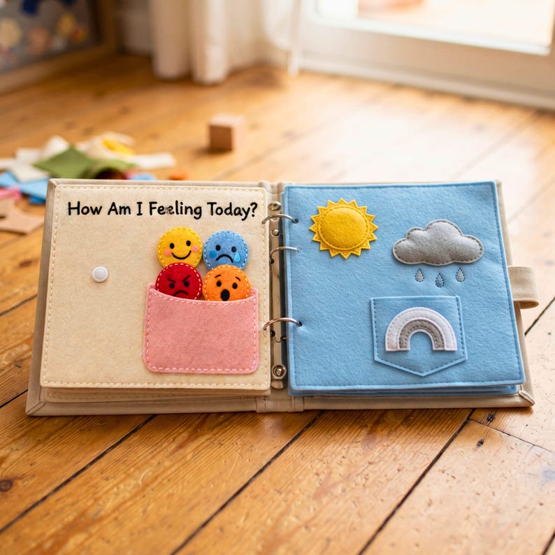 Felt How Am I Feeling Today busy book page bound into quiet book alongside weather page