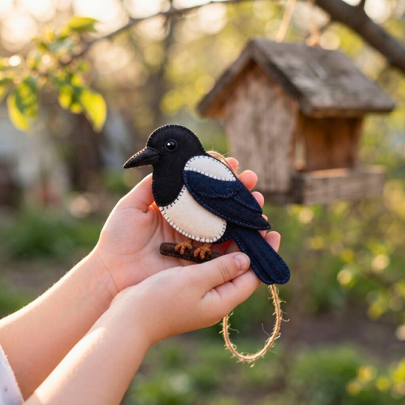 Child's hands holding a handmade felt magpie ornament in a garden