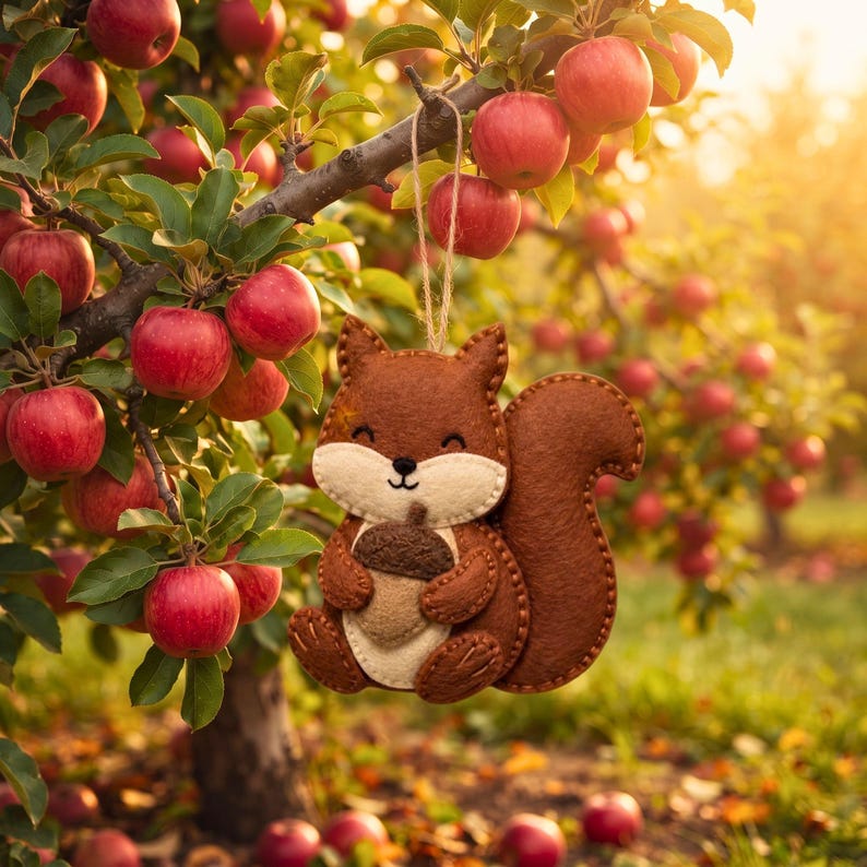 Felt squirrel with acorn ornament hanging from an apple tree branch in an orchard