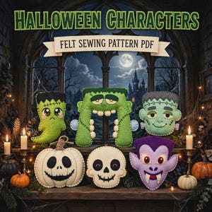 Cute Monster Decor Felt Ornament Pattern Bundle, 6 Halloween Character Designs in PDF