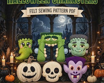 Schattig monster decor vilt ornament patroon bundel, 6 Halloween karakter ontwerpen in PDF
