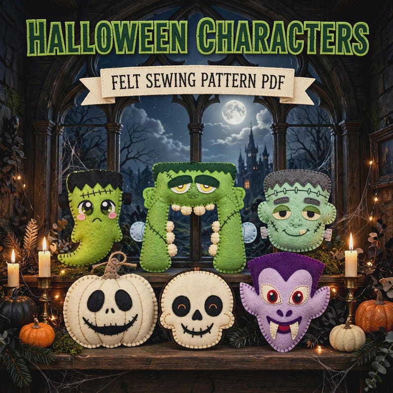 Halloween Characters Pattern Bundle PDF | 6 Felt Sewing Patterns, Frankenstein Vampire Skull Pumpkin DIY Ornament Set