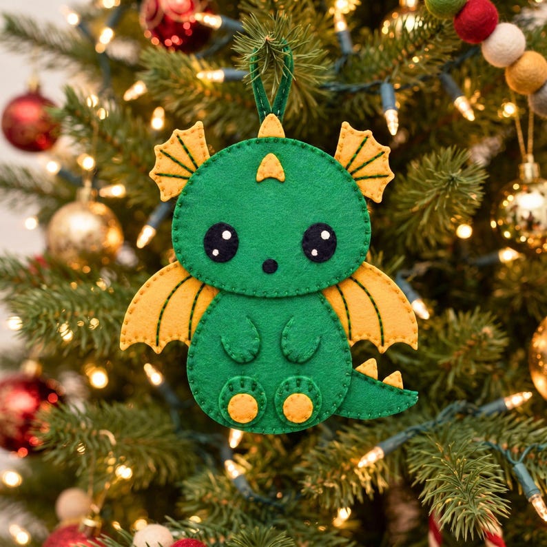 Finished green kawaii dragon felt ornament with golden-yellow wings, foot pads and crest details, black eyes and nose, white eye highlights, curved tail and green hanging loop.