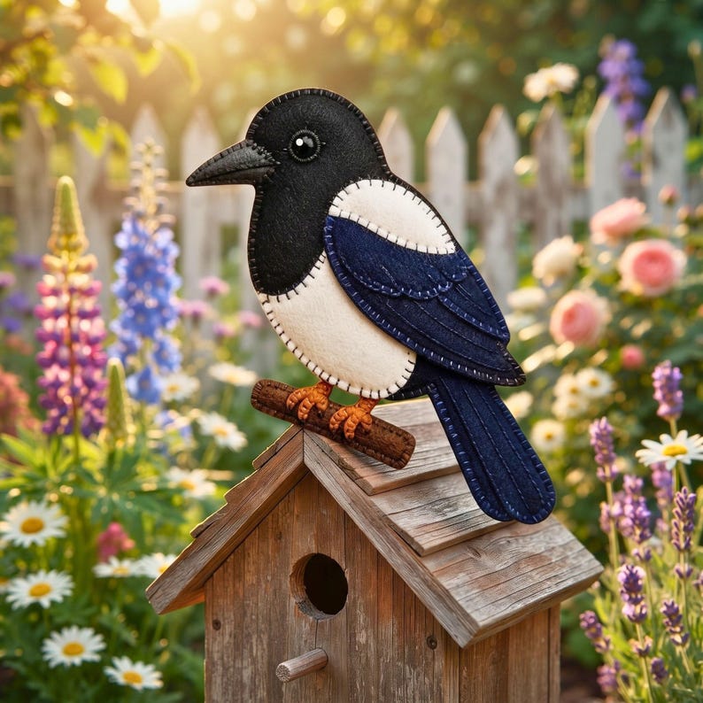 Felt magpie ornament on a birdwatcher's desk with binoculars and a bird field guide