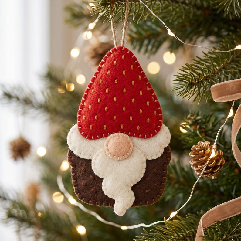 Finished felt gnome ornament with a red strawberry-shaped hat, cream trim, brown body, cream beard, peach nose, and hanging loop.