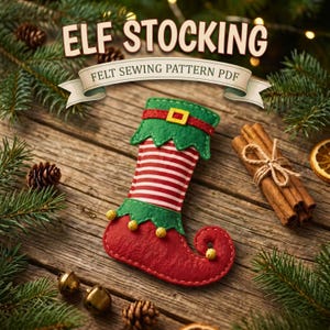 Patroon voor een vilten kerstsokversiering in de vorm van een elf, kerstnaai-PDF, digitale download
