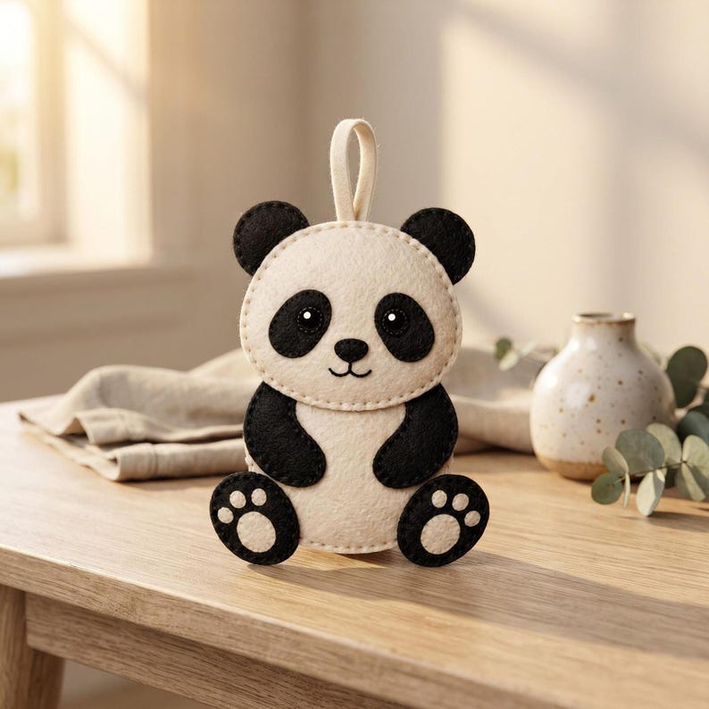Finished panda felt ornament displayed upright on a tabletop with its rounded paws, black eye patches, ears, and hanging loop visible.