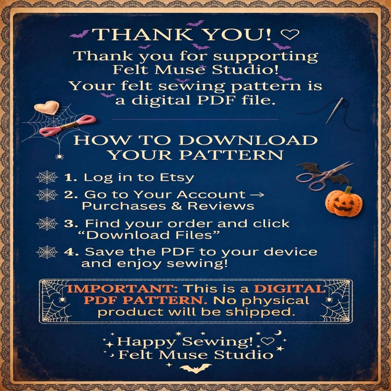 A digital instruction card with white and orange text on a dark blue background detailing how to download a PDF sewing pattern.