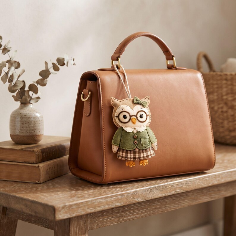 Cute handmade felt librarian owl ornament displayed upright, showing its round glasses, embroidered facial details, green cardigan, pocket, and plaid skirt.