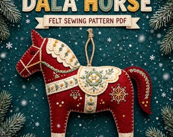 Patrón de PDF de caballo Dala, adorno de caballo de fieltro escandinavo, decoración navideña nórdica sueca DIY