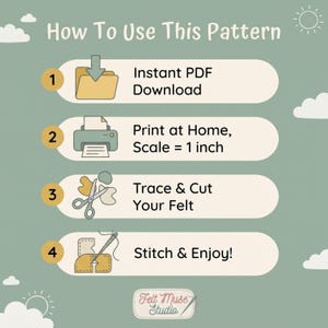 An instructional graphic titled How To Use This Pattern on a green background with four steps showing icons for downloading, printing, cutting felt, and stitching.