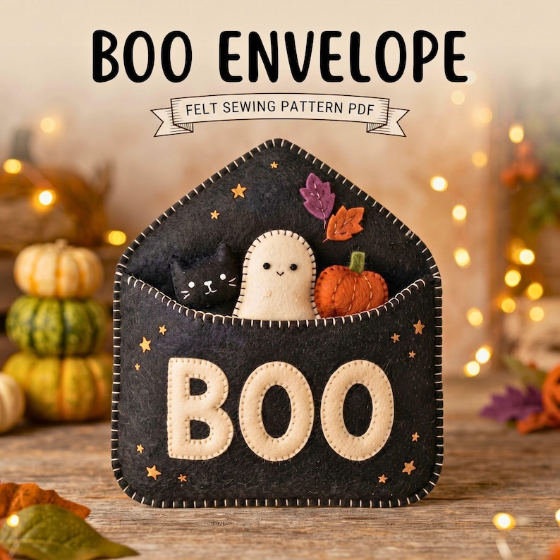 Boo Envelope Sewing Pattern PDF, Felt Halloween Ornament, Ghost Cat Pumpkin, DIY Spooky Decor Tutorial