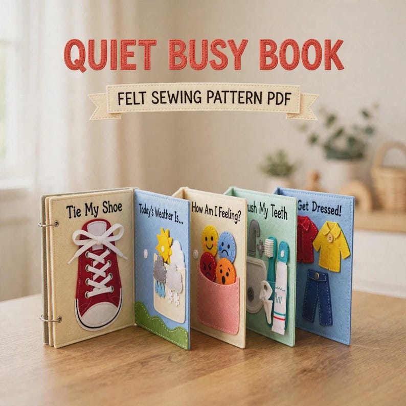 A handmade felt quiet book with five open pages displaying different interactive activities stands upright on a wooden table.