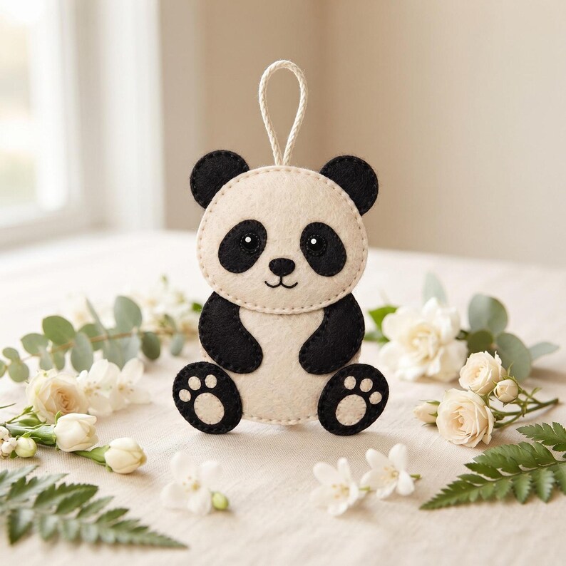 Digital panda felt sewing pattern project shown as a finished handmade ornament, with the completed panda design and hand-sewn details visible.