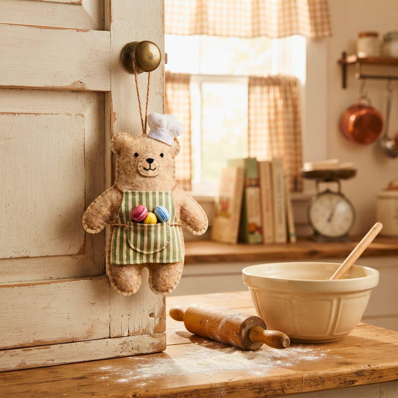 Hand sewn Baker Bear ornament with chef toque, striped apron and embroidered face