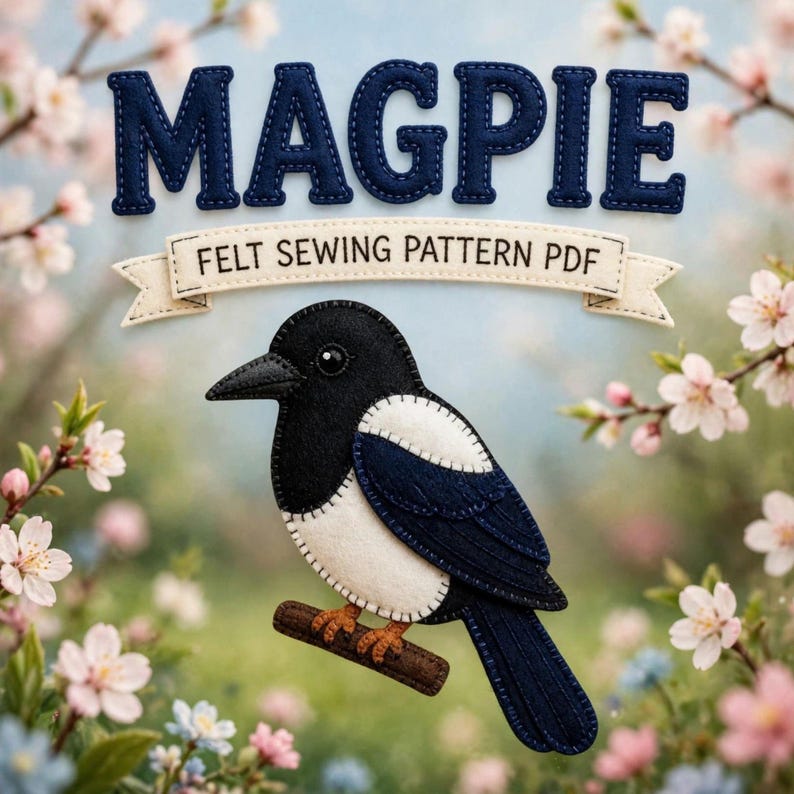 Magpie Sewing Pattern PDF | Felt Bird Ornament Pattern, DIY Cute Garden Bird Plush Woodland Nature Decor Tutorial