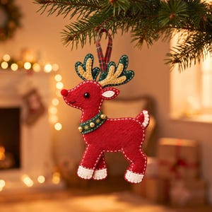 Handmade felt reindeer Christmas ornament showing the layered antlers, pointed ears, red body, cream hooves, curved tail and green neck harness.