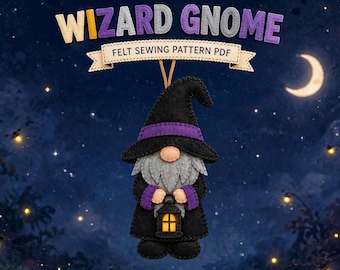 Patrón PDF de gnomo, costura de adorno de fieltro de mago, decoración de farol de Halloween, hecho a mano DIY