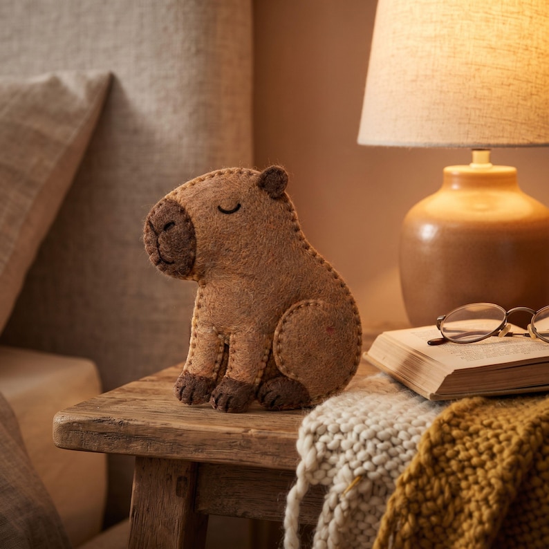 Cute capybara felt sewing project showing the finished stuffed animal ornament with warm golden-brown body, dark brown snout and peaceful sleepy expression.