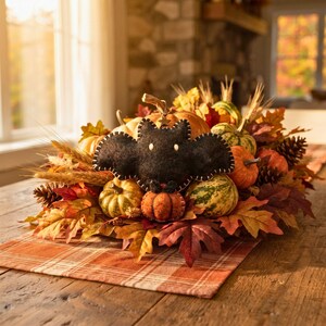 Black felt bat ornament nestled in a fall harvest centerpiece with mini pumpkins and wheat