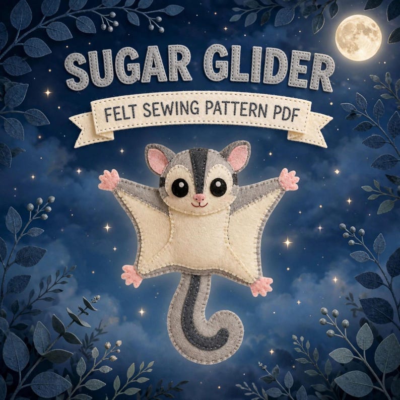 Sugar Glider Sewing Pattern PDF, Felt Animal Ornament, Australian Animal Pattern, Nursery Decor, Hand Sewing